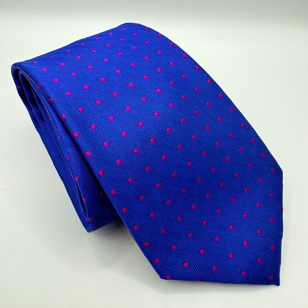 Tom James Mens Silk Tie Blue Herringbone Magenta Pink Polka Dot‎ Classic Necktie